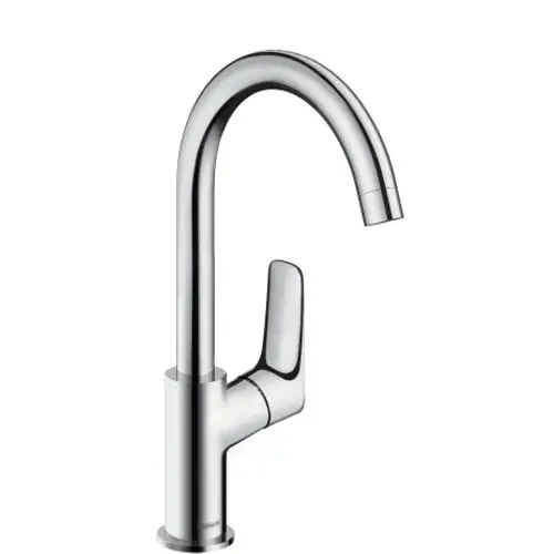 Hochglänzender Wasserhahn aus Chrom mit schwenkbarem Auslauf und griffgesteuerter Bedienung. Hansgrohe-Design für Waschtische.